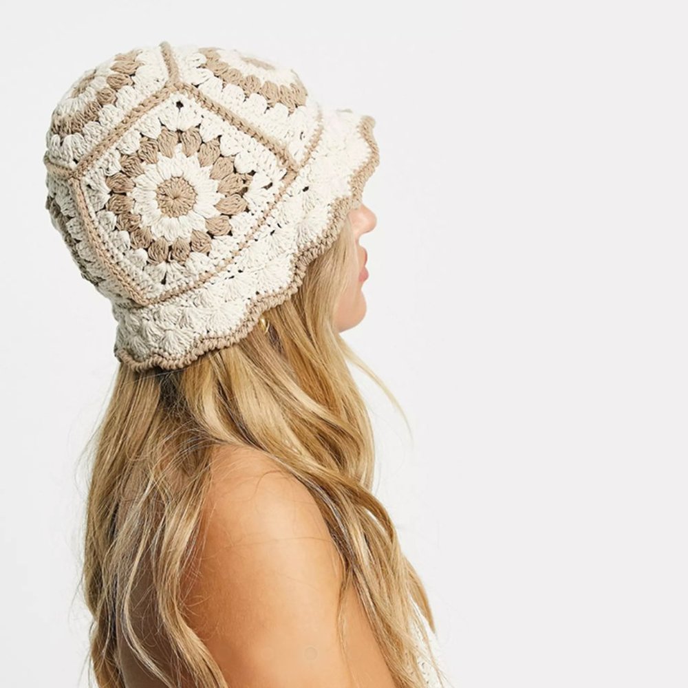 Sun-Flower Granny-Square Crochet Ruffle Bucket Beanie - Picture 2 of 9